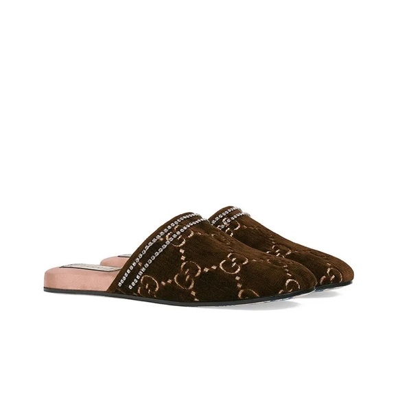 Velvet GG Monogram Crystal Womens Slipper Brown Vintage Cocoa - Picture 3 of 10